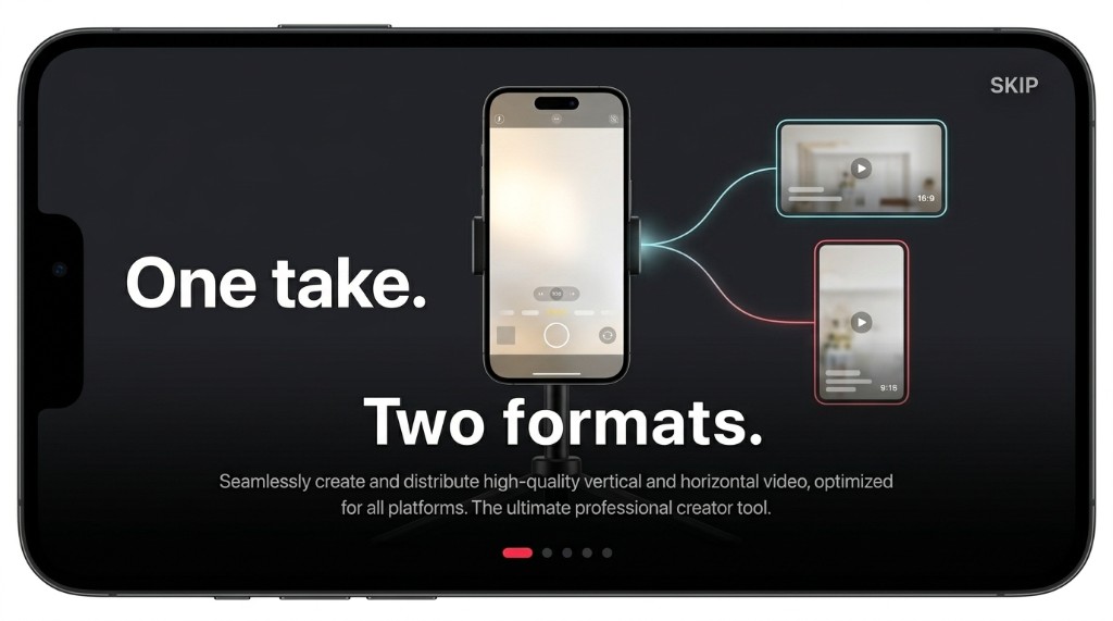 Diagram: one iPhone on a tripod branches into a 16:9 landscape frame and a 9:16 portrait frame—DuoFrame dual-format recording concept