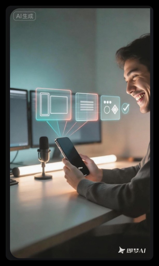 Smiling creator at a desk with phone and microphone; satisfied after finishing a multi-platform recording session with DuoFrame